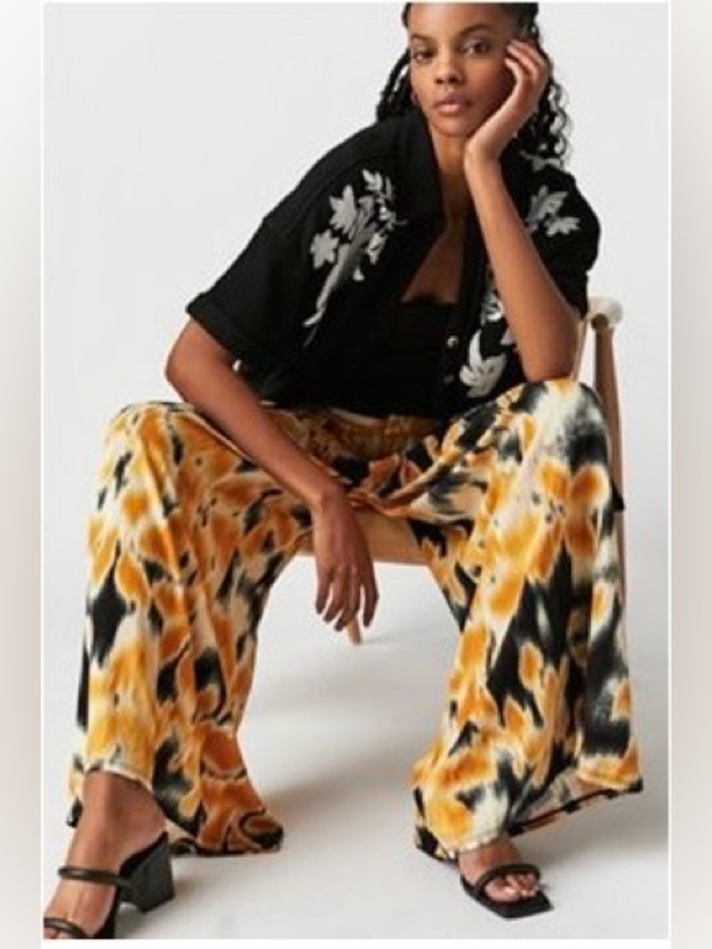 Free People Black, Yellow & Cream Wide Leg Pants With Pockets